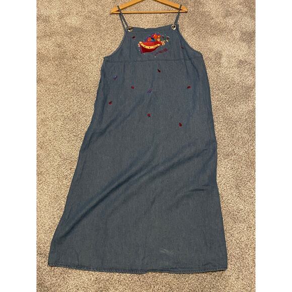 Vintage Quacker Factory Womens Dress Size 16 Denim Embroidered Teacher Artsy 90s - Picture 1 of 8
